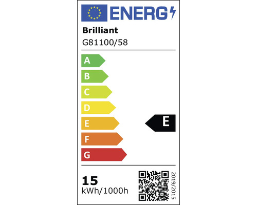 EU-energimärkning för Brilliant G81100/58, energieffektivitetsklass E, 15 kilowattimmar per 1000 timmar.
