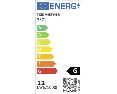Europeiska unionens energimärkning för Gnosjö Konstsmide AB modell 7871, energieffektivitetsklass G, 12 kilowattimmar per 1000 timmar.