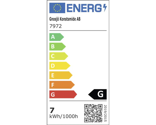Europeisk energimärkning Gnosjö Konstsmide 7972. Energieffektivitetsklass G. Förbrukning 7 kilowattimmar per 1000 timmar.