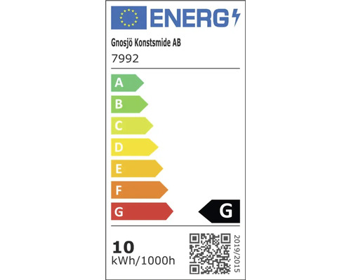 Europeisk energimärkning för Gnosjö Konstsmide 7992, energieffektivitetsklass G, 10 kilowattimmar per 1000 timmar.
