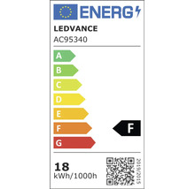 Europeisk energimärkning för LEDVANCE AC95340, energieffektivitetsklass F, förbrukning 18 kilowattimmar per 1000 timmar.