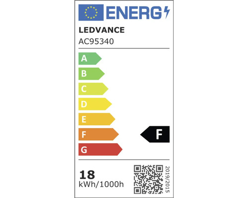 Europeisk energimärkning för LEDVANCE AC95340, energieffektivitetsklass F, förbrukning 18 kilowattimmar per 1000 timmar.
