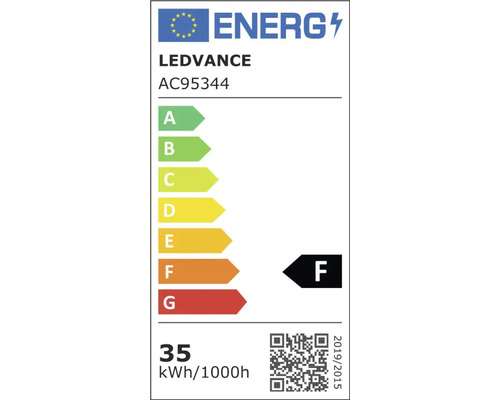 Europeisk energimärkning för Ledvance AC95344, energieffektivitetsklass F, förbrukning 35 kilowattimmar per 1000 timmar.