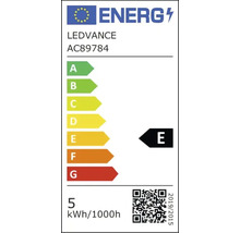 Europeiska unionens energimärkning för LEDVANCE AC89784, energieffektivitetsklass E, energiförbrukning 5 kilowattimmar per 1000 timmar.