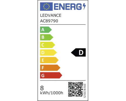 EU-energimärkning för Ledvance AC89790, energiklass D, energiförbrukning på 8 kilowattimmar per 1000 timmar.
