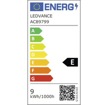 EU-energimärkning för LEDVANCE AC89799, energiklass E, energiförbrukning 9 kilowattimmar per 1000 timmar.