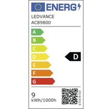EU-energimärkning för LEDVANCE AC89800: energieffektivitetsklass D, energiförbrukning 9 kWh per 1000 timmar.