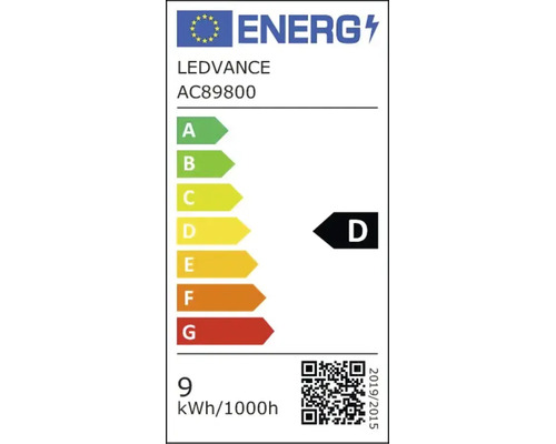 EU-energimärkning för LEDVANCE AC89800: energieffektivitetsklass D, energiförbrukning 9 kWh per 1000 timmar.