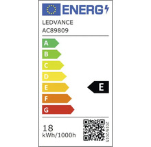 EU-energimärkning för LEDVANCE AC89809, energieffektivitetsklass E, energiförbrukning 18 kilowattimmar per 1000 timmar.