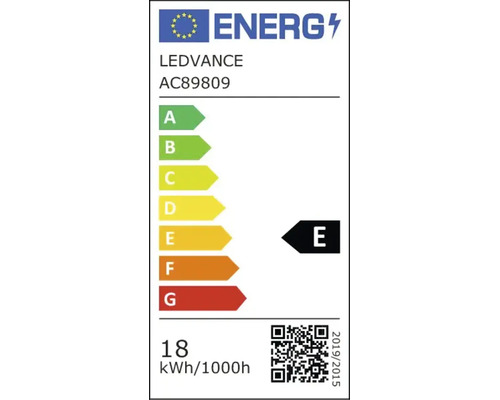 EU-energimärkning för LEDVANCE AC89809, energieffektivitetsklass E, energiförbrukning 18 kilowattimmar per 1000 timmar.