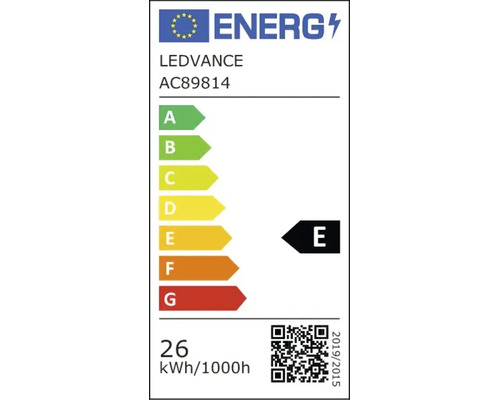 EU-energimärkning för LEDVANCE AC89814, klass E, förbrukning på 26 kilowattimmar per 1000 timmar.
