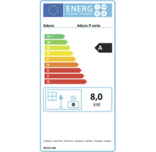 EU energimarkning for Aduro 9 serie kamin med energiklass A och 8 kilowatt varmeeffekt.