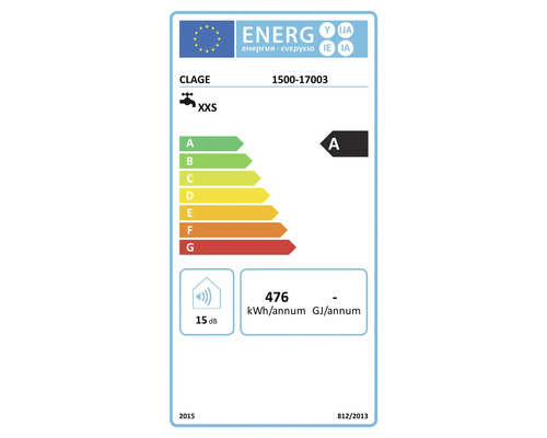Energimärkningsetikett för Clage genomströmningsvärmare 1500-17003 med energieffektivitetsklass A och 15 decibel ljudnivå.