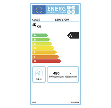 Energimärkningsetikett för Clage genomströmningsvärmare 1500-17007 med energieffektivitetsklass A och 15 decibel ljudnivå.