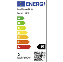 EU energietikett för Gnosjo Konstsmide AB modell 6253-103 med energiklass G och en förbrukning på 2 kWh per 1000 timmar.