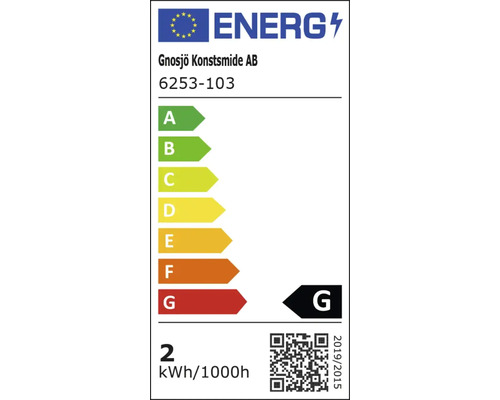 EU energietikett för Gnosjo Konstsmide AB modell 6253-103 med energiklass G och en förbrukning på 2 kWh per 1000 timmar.
