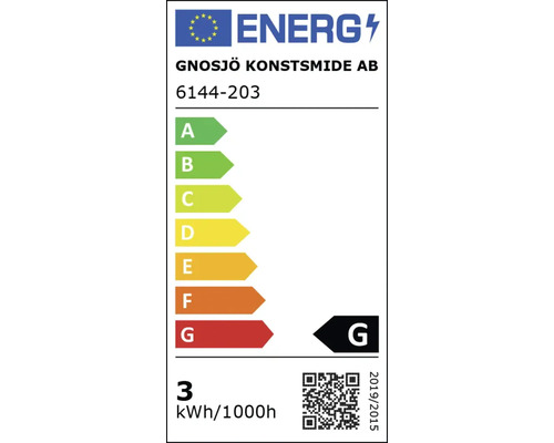 EU energimärkning klass G för Gnosjö Konstsmide AB modell 6144-203 med en energiförbrukning på 3 kilowattimmar per 1000 timmar