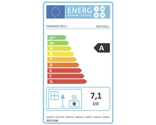 Energietikett för öppen spis med energieffektivitetsklass A och en nominell värmeeffekt på 7,1 kilowatt