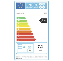 Energimärkning för en ugn med energieffektivitetsklass A+ och en energiförbrukning på 7,1 kilowatt.