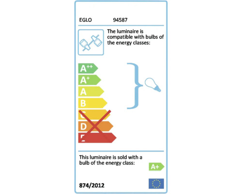 EGLO energimärkning med information om kompatibilitet med glödlampor i olika energieffektivitetsklasser