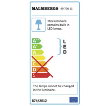 Energietikett med information om inbyggda LED-lampor från Malmbergs