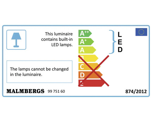 Energimärkning för armatur med inbyggda LED-lampor. Lamporna kan inte bytas ut.