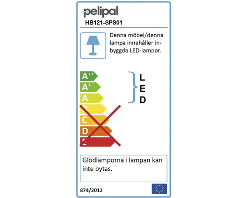Pelipal energietikett med information om att lampan innehåller fastmonterade LED-lampor