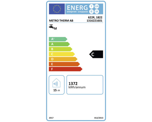 Energimärkning för METRO THERM AB med energieffektivitetsklass C, årlig energiförbrukning 1372 kilowattimmar och ljudnivå 15 decibel