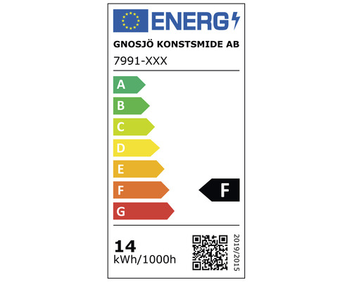 Energimärkning från Gnosjö Konstsmide AB med energieffektivitetsklass F