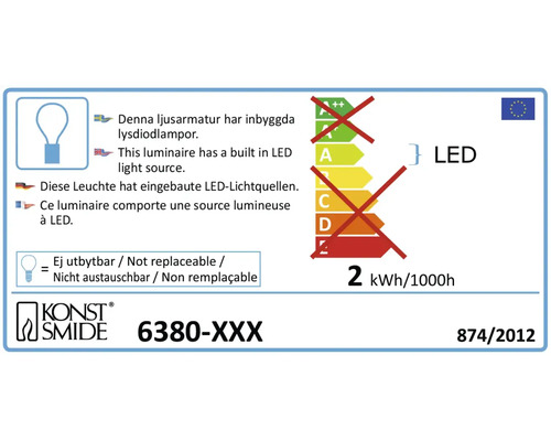 Energimärkning med information om inbyggda LED-ljuskällor och icke utbytbar lampa, märke Konstsmide