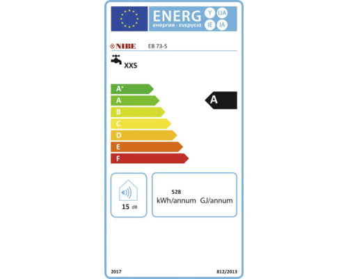 Energietikett med energieffektivitetsklass A, 528 kilowattimmar per år, 15 decibel och Nibe-logotyp