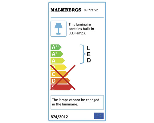 Energietikett med LED-indikation och uppgift om att lamporna i armaturen inte kan bytas ut