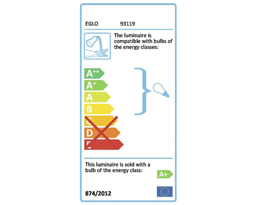EGLO energimärkning för armaturer med glödlampor i energiklasserna A Plus Plus till E