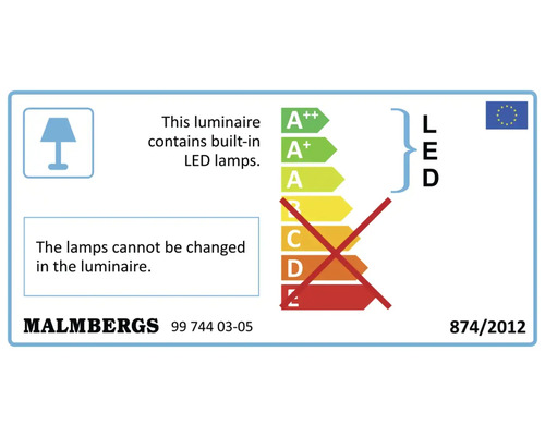 Energimärkning för armatur med inbyggda LED-lampor av märket Malmbergs