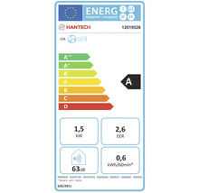 Energietikett med energieffektivitetsklass A, 1,5 kilowatt, EER 2,6 och 63 decibel