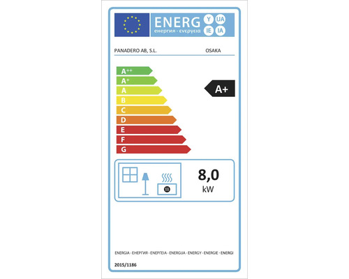 Energidekal för Panadero Osaka med energieffektivitetsklass A+ och en energiförbrukning på 8,0 kW