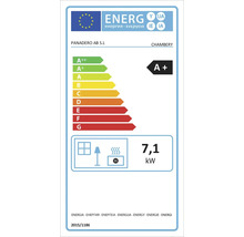 Energietikett för en kamin med energieffektivitetsklass A+ och en nominell värmeeffekt på 7,1 kilowatt.