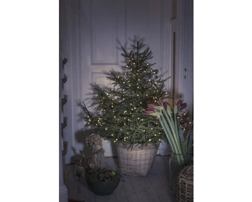 Julgran med ljusslinga i en korg i ett rum