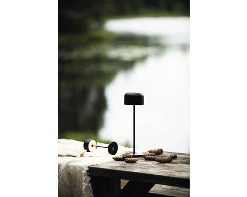 Två trådlösa bordslampor på ett träbord utomhus med tallkottar