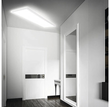 Ljus hall med rektangulär taklampa, dörr och spegel