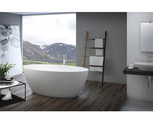 Fristående badkar JUNGBORN Four vit blank ovalt konstgjord sten 850x1700 mm Modernt badrum med fristående badkar, handdukshängare och handfat