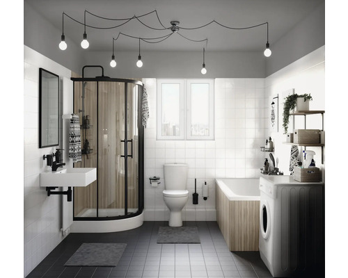 Duschhörn FORM&STYLE Moorea 90 svart klarglas smutsavvisande utan duschkar Modernt badrum med dusch, handfat, toalett, badkar och tvättmaskin.