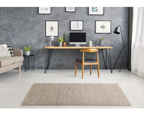 Vardagsrum med soffa, skrivbord, stol och matta