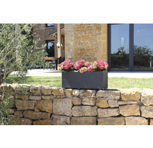 Rektangulär stenplanteringslåda med rosa hortensior på en stenmur i trädgården.