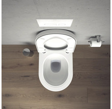 Vy från ovan av en toalett med öppet lock, toalettpappershållare och kontrollpanel.
