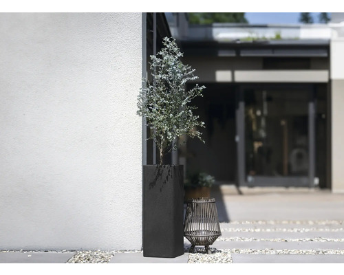 Dekorativ trädgård med blomlåda och lykta