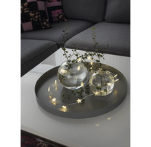 Dekorativ bricka med två glasvaser, kvistar och en ljusslinga med stjärnor