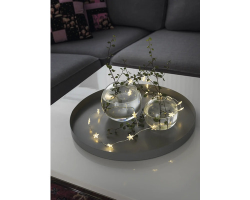 Dekorativ bricka med två glasvaser, kvistar och en ljusslinga med stjärnor