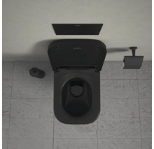 Svart toalett med cistern, toalettborste och pappershållare