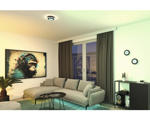 Vardagsrum i modern stil med soffa, soffbord, krukväxt, byrå, väggmålning, gardiner, taklampa och vägglampor